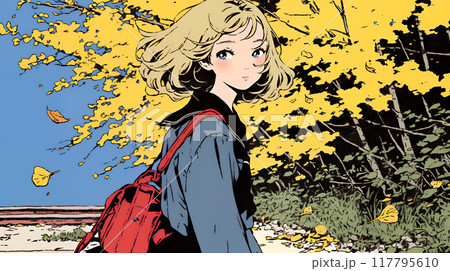 紅葉の小径を歩く若い女性