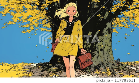 紅葉の小径を歩く若い女性