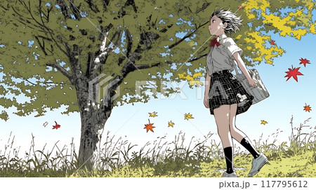 紅葉の小径を歩く若い女性