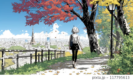 紅葉の小径を歩く若い女性