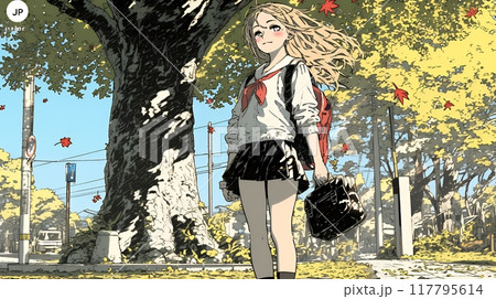 紅葉の小径を歩く若い女性