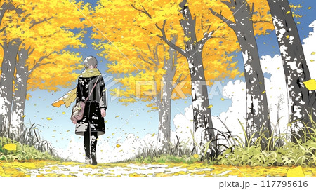 紅葉の小径を歩く若い女性