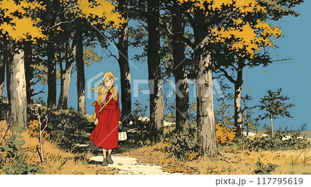 紅葉の小径を歩く若い女性