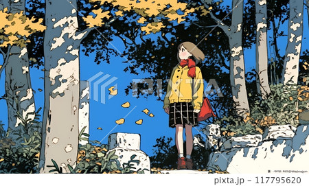 紅葉の小径を歩く若い女性