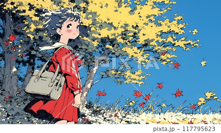 紅葉の小径を歩く若い女性