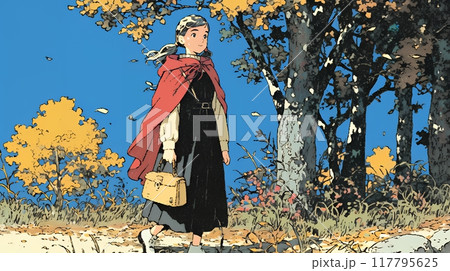 紅葉の小径を歩く若い女性