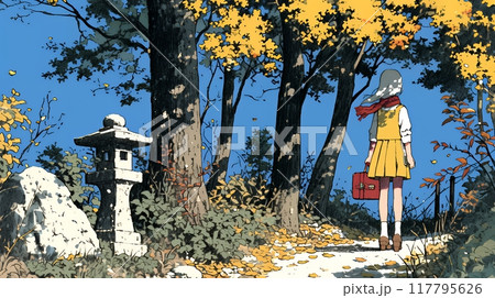 紅葉の小径を歩く若い女性