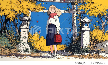 紅葉の小径を歩く若い女性