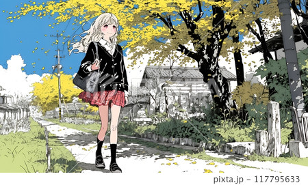 紅葉の小径を歩く若い女性