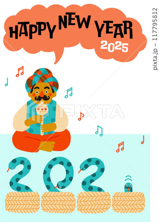 2025年巳年年賀状 コミカルな蛇使いのイラスト 2025年巳年年賀状 コミカルな蛇使いのイラスト 117795812
