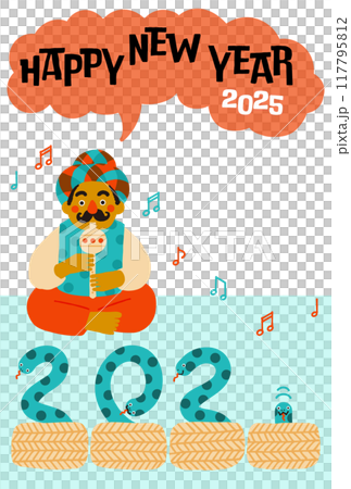 2025年巳年年賀状 コミカルな蛇使いのイラスト 2025年巳年年賀状 コミカルな蛇使いのイラスト 117795812
