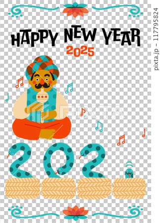 2025年巳年年賀状 コミカルな蛇使いのイラスト 2025年巳年年賀状 コミカルな蛇使いのイラスト 117795824
