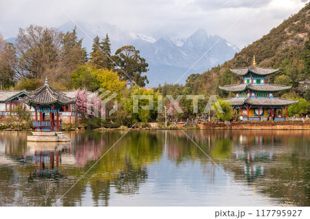 Scenery view of the Black Dragon Pool with Jade Dragon Snow Mountain behind the cloudy. This is considered one of the more scenic views of Jade Dragon Snow Mountain. Scenery view of the Black Dragon Pool with Jade Dragon Snow Mountain behind the cloudy. This is considered one of the more scenic views of Jade Dragon Snow Mountain. 117795927