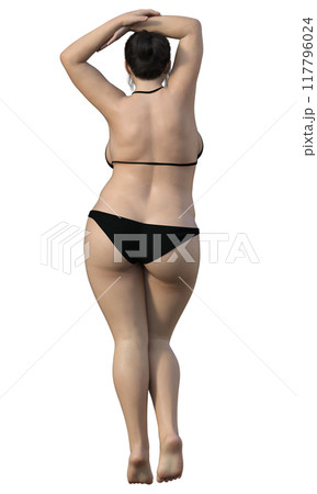 太った女性の後ろ姿のイラスト リアルな日本人3Dモデルの全身後ろ向き 117796024