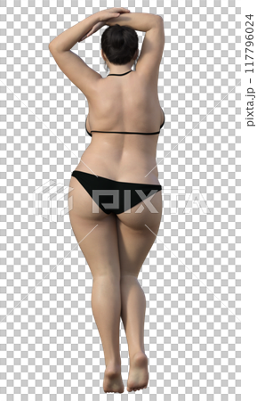 太った女性の後ろ姿のイラスト リアルな日本人3Dモデルの全身後ろ向き 117796024