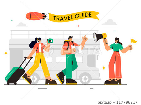 Travel Guide and Tour Vector Illustration Showing Interesting Places to a Group of Tourists for Vacation Planning in a Flat Style Cartoon Background 117796217