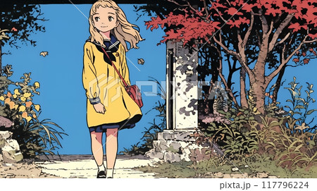 紅葉の小径を歩く少女