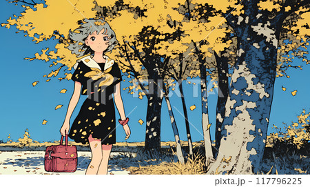 紅葉の小径を歩く少女