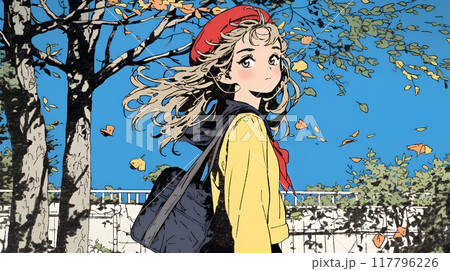 紅葉の小径を歩く少女