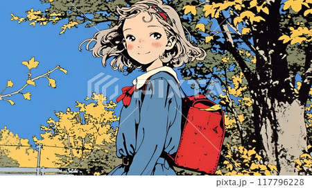 紅葉の小径を歩く少女