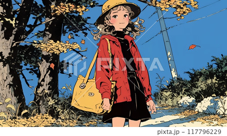 紅葉の小径を歩く少女