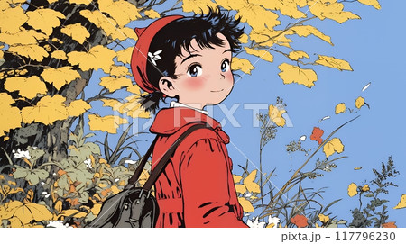 紅葉の小径を歩く少女