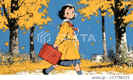紅葉の小径を歩く少女