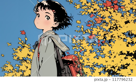 紅葉の小径を歩く少女