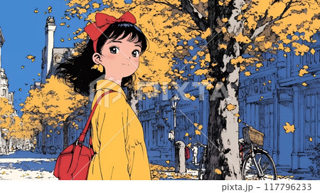 紅葉の小径を歩く少女