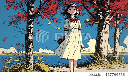 紅葉の小径を歩く少女