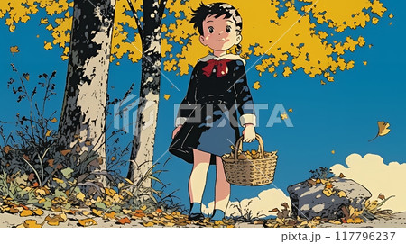 紅葉の小径を歩く少女