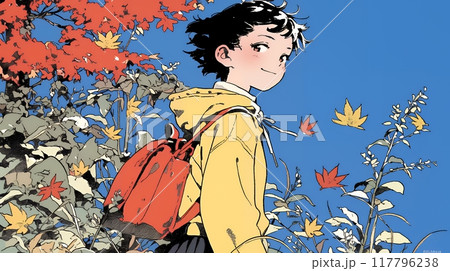 紅葉の小径を歩く少女