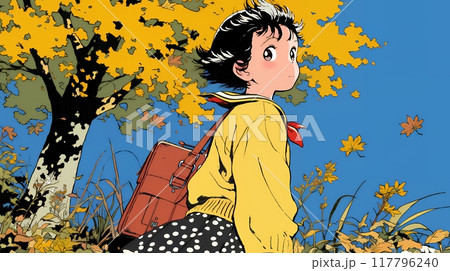 紅葉の小径を歩く少女