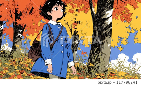 紅葉の小径を歩く少女