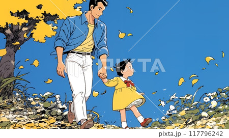 紅葉の小径を仲良く歩く少女と父親