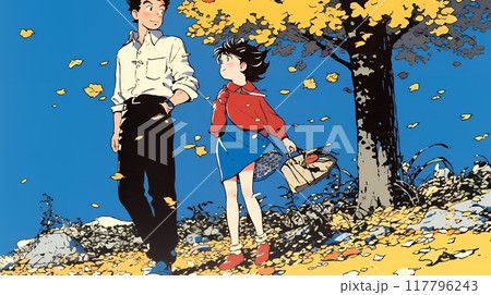 紅葉の小径を仲良く歩く少女と父親