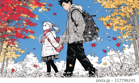 紅葉の小径を仲良く歩く少女と父親