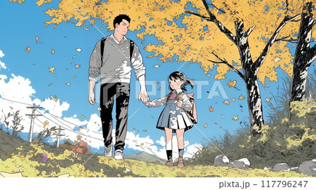 紅葉の小径を仲良く歩く少女と父親