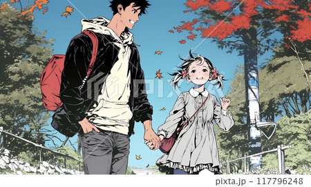 紅葉の小径を仲良く歩く少女と父親