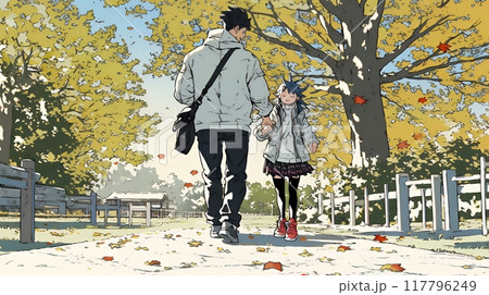 紅葉の小径を仲良く歩く少女と父親