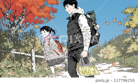 紅葉の小径を仲良く歩く少女と父親