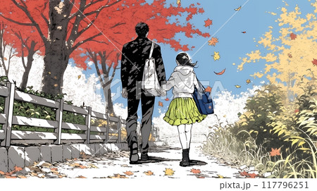 紅葉の小径を仲良く歩く少女と父親