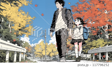紅葉の小径を仲良く歩く少女と父親