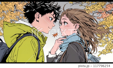 紅葉の下でいちゃついている若いカップル