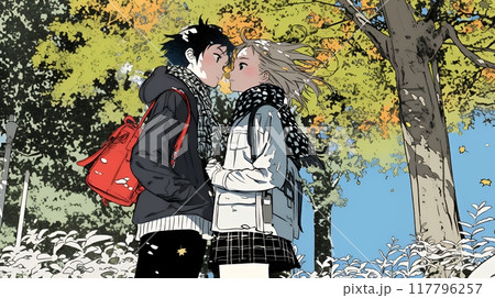 紅葉の下でいちゃついている若いカップル