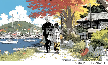 旅先で紅葉観光をしている若いカップル