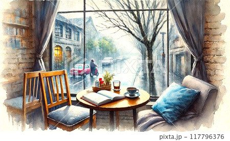 雨の日の静かなカフェ 117796376