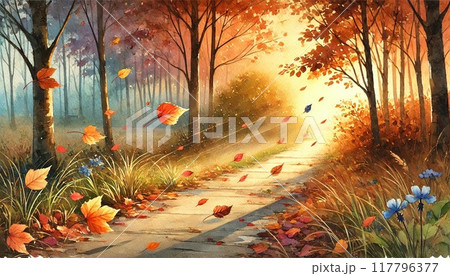 秋の紅葉が舞い散る森の小道 117796377