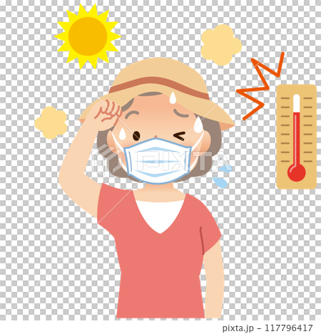 Elderly man sweating while wearing a mask, mask heat stroke, outdoor with high temperature 117796417