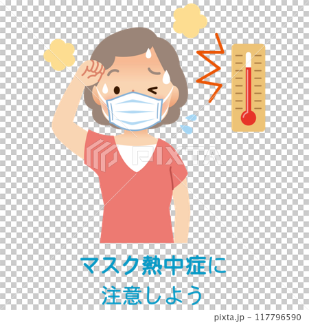Elderly woman sweating while wearing a mask, mask heat stroke, high temperature 117796590